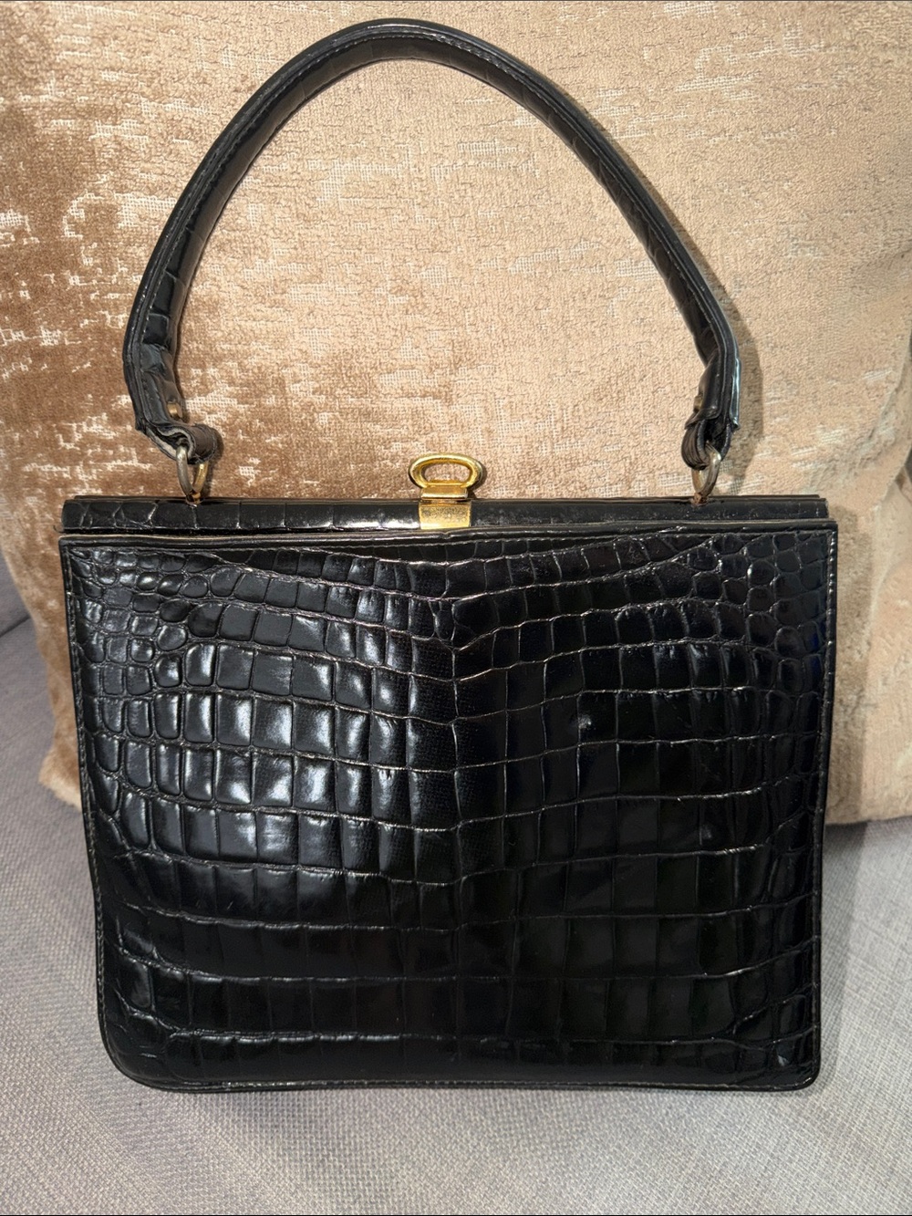 Classic 50’s 60’s Rofico Modelli Black Croc-Embossed Gold color Closure Satchel